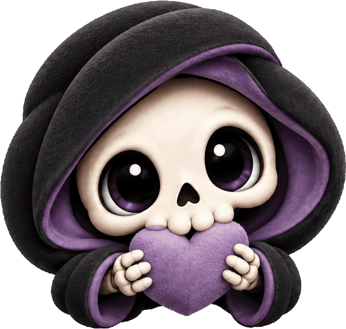 A wide-eyed little Grimling in a plum-lined hood, cuddling a purple heart.